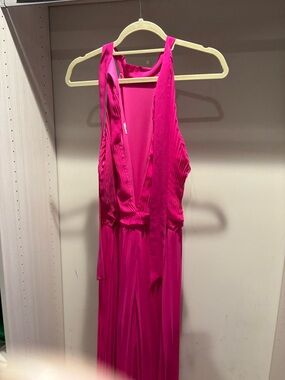 Hot Pink Plunging Pleated Jumpsuit